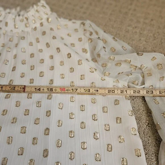 LOFT Clip Ruffle Smocked Blouse Women SZ Medium gauzy top lightweight lined Gold - Picture 13 of 15